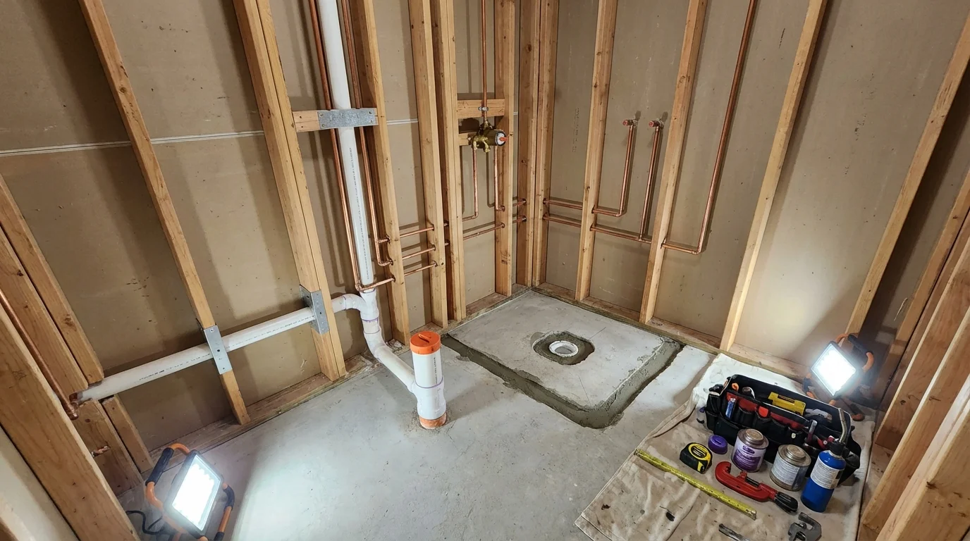 Bathroom rough-in plumbing during remodel by Johns Plumbing LLC in Yoncalla
