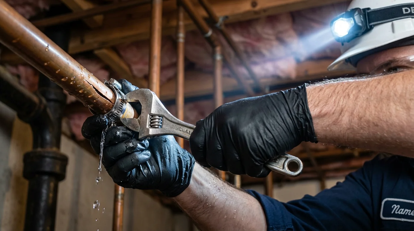 Emergency pipe clamp repair being performed by a Johns Plumbing LLC plumber in Yoncalla