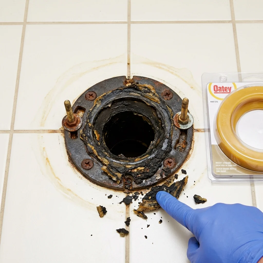 Failed wax ring showing water seepage at the base of a toilet in a Yoncalla, OR home