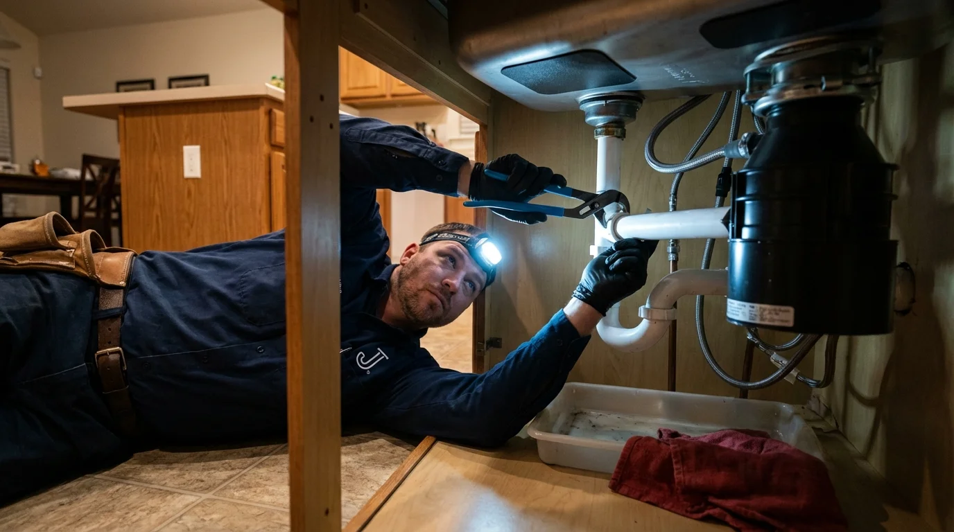 P-trap and supply line connections under a kitchen sink showing a common leak point in Yoncalla, OR